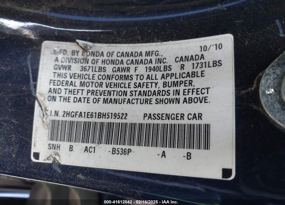 2011 HONDA CIVIC VIN: 2HGFA1E61BH519522