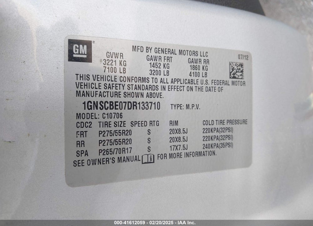 2013 CHEVROLET TAHOE LT VIN: 1GNSCBE07DR133710