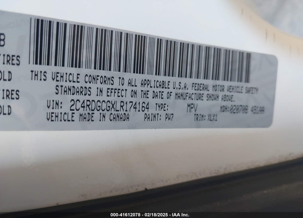 2020 DODGE GRAND CARAVAN SXT VIN: 2C4RDGCGXLR174164