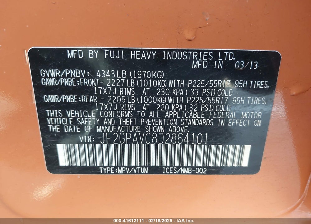 2013 SUBARU XV CROSSTREK 2.0I PREMIUM VIN: JF2GPAVC8D2864101