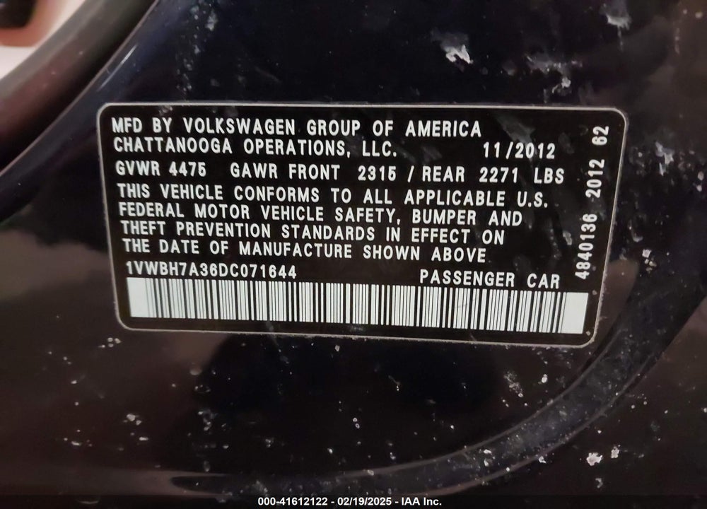 2013 VOLKSWAGEN PASSAT 2.5L SE VIN: 1VWBH7A36DC071644