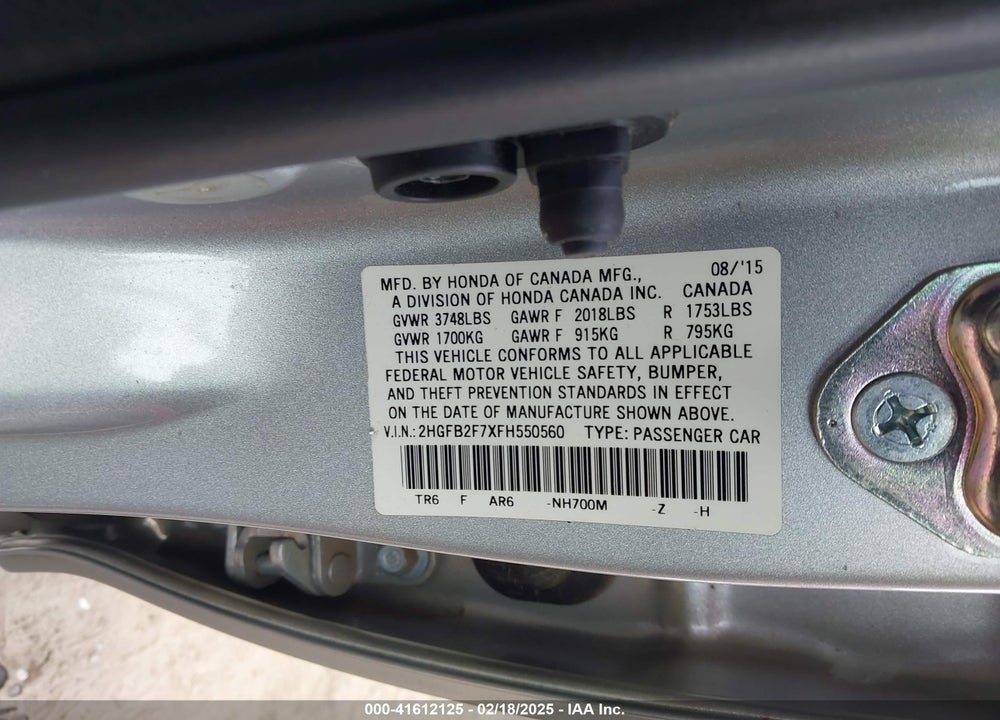 2015 HONDA CIVIC VIN: 2HGFB2F7XFH550560