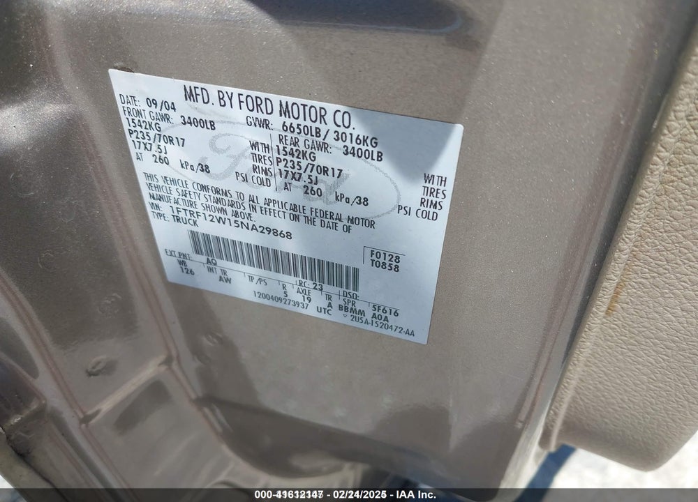2005 FORD F-150 STX/XL/XLT VIN: 1FTRF12W15NA29868