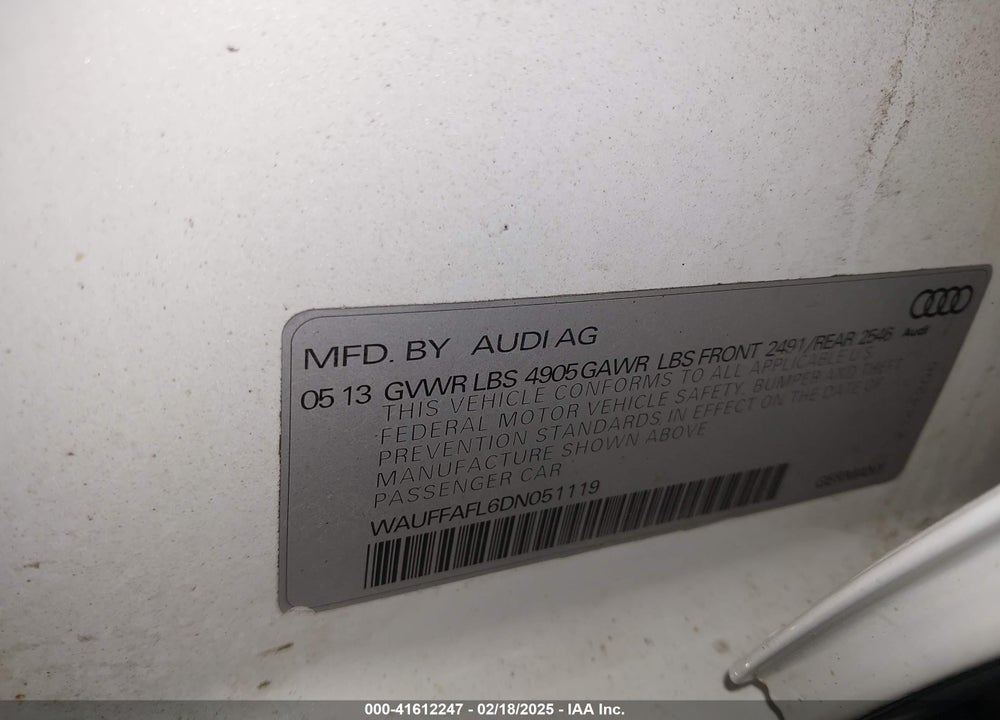 2013 AUDI A4 VIN: WAUFFAFL6DN051119