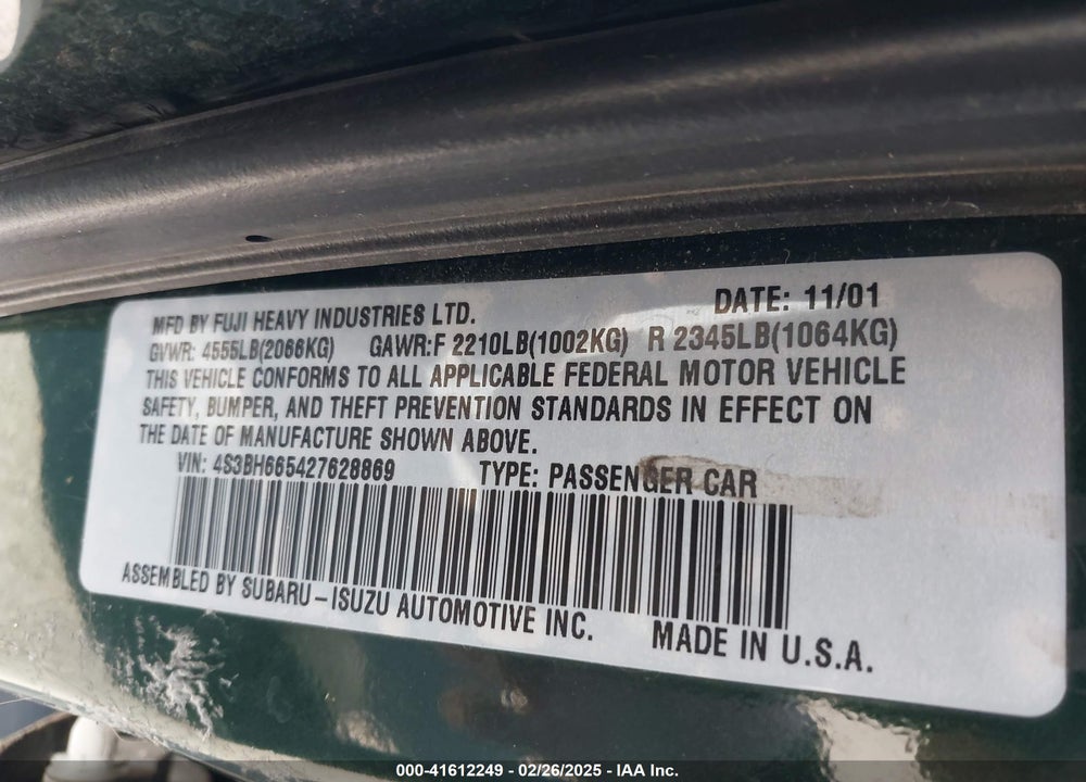 2002 SUBARU OUTBACK VIN: 4S3BH665427628869