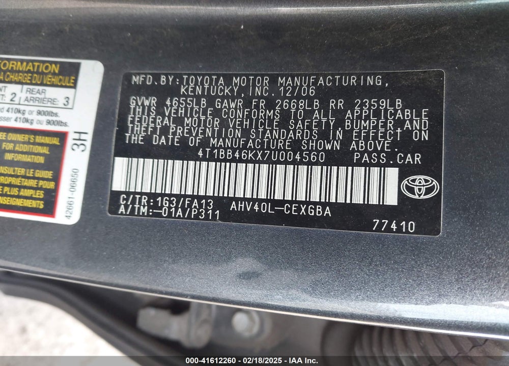 2007 TOYOTA CAMRY HYBRID VIN: 4T1BB46KX7U004560