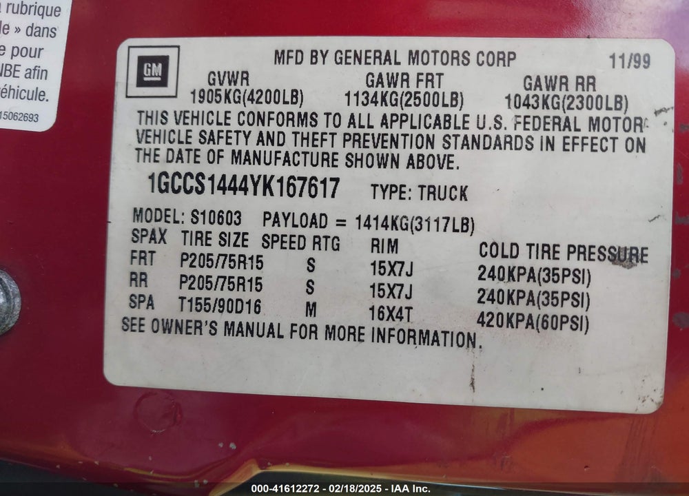 2000 CHEVROLET S-10 LS VIN: 1GCCS1444YK167617