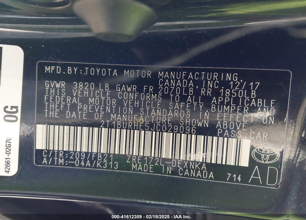 2018 TOYOTA COROLLA VIN: 2T1BURHE5JC029096