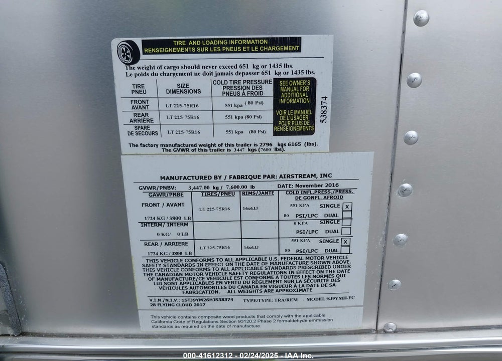 2017 AIRSTREAM FLYING CLOUD VIN: 1STJ9YM26HJ538374