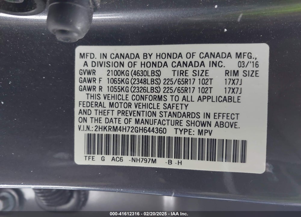 2016 HONDA CR-V EX-L VIN: 2HKRM4H72GH644360