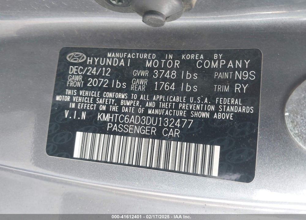 2013 HYUNDAI VELOSTER VIN: KMHTC6AD3DU132477
