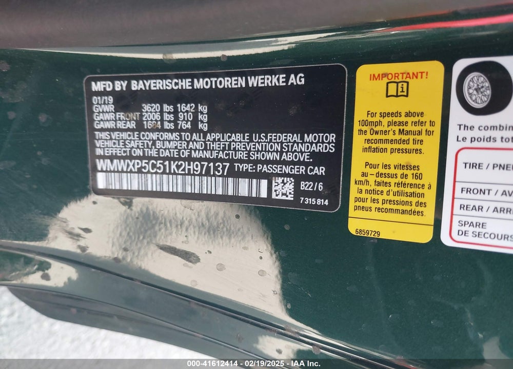 2019 MINI HARDTOP VIN: WMWXP5C51K2H97137
