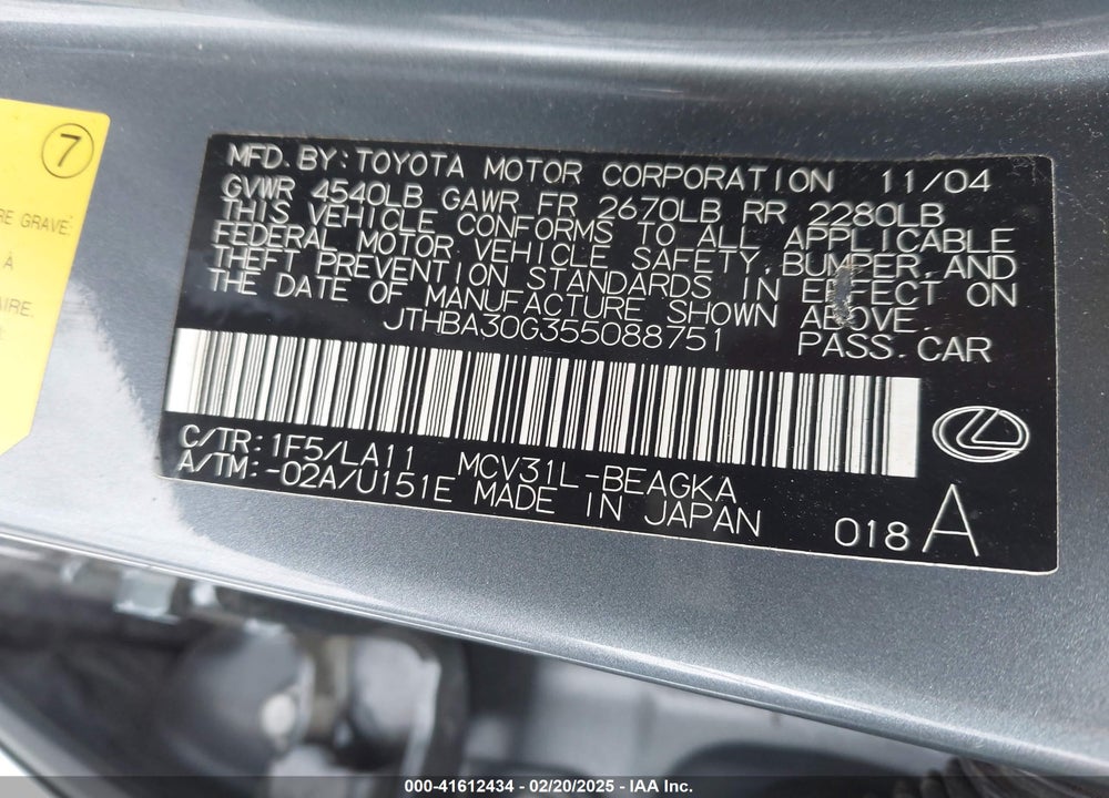 2005 LEXUS ES 330 VIN: JTHBA30G355088751