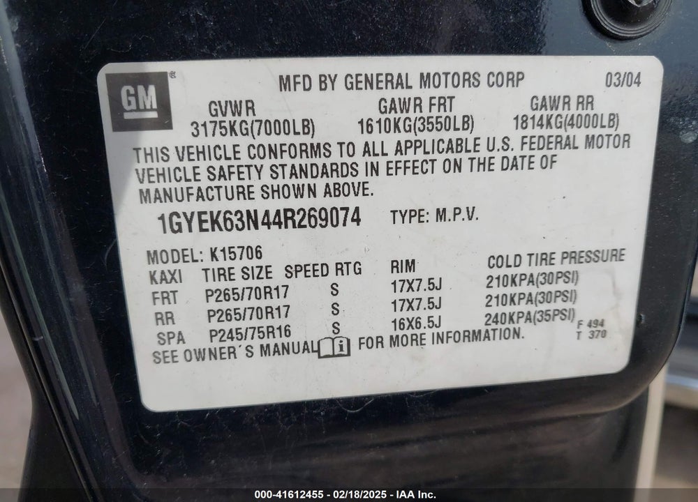2004 CADILLAC ESCALADE STANDARD VIN: 1GYEK63N44R269074