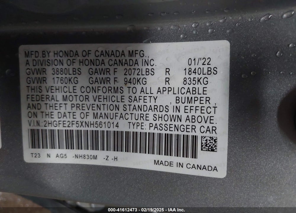 2022 HONDA CIVIC SPORT VIN: 2HGFE2F5XNH561014