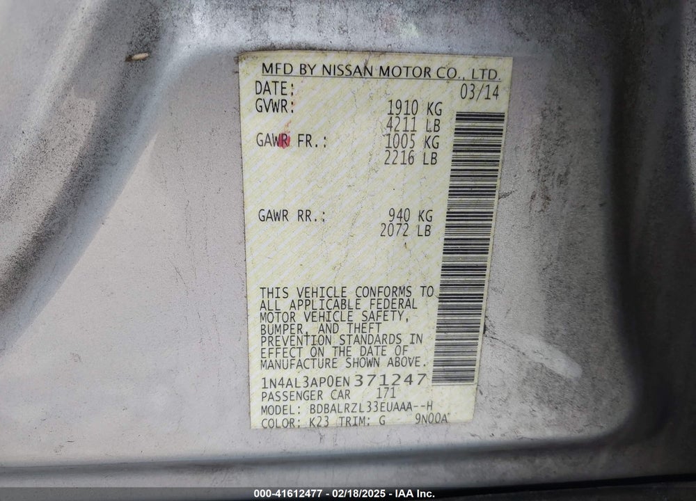 2014 NISSAN ALTIMA VIN: 1N4AL3AP0EN371247