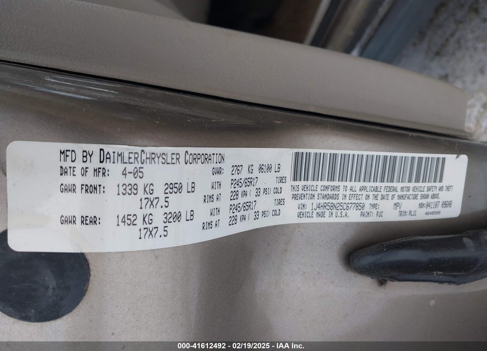 2005 JEEP GRAND CHEROKEE LIMITED VIN: 1J4HR58N25C677850