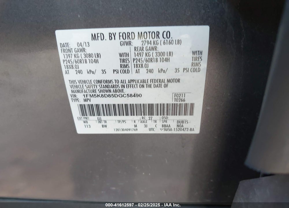 2013 FORD EXPLORER VIN: 1FM5K8D85DGC58490