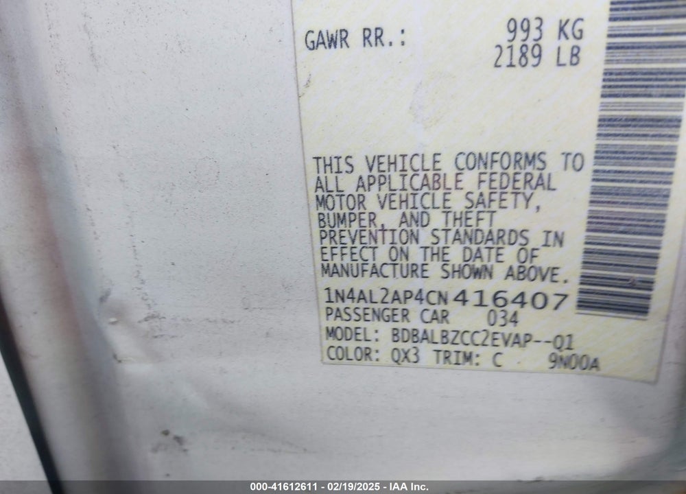 2012 NISSAN ALTIMA VIN: 1N4AL2AP4CN416407