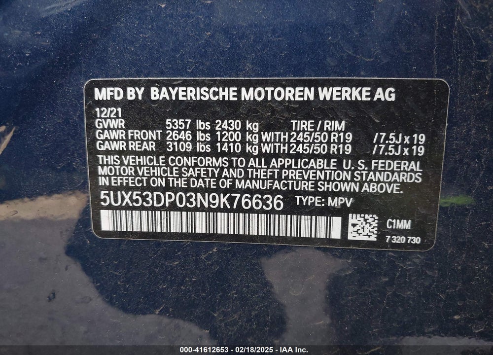 2022 BMW X3 XDRIVE30I VIN: 5UX53DP03N9K76636