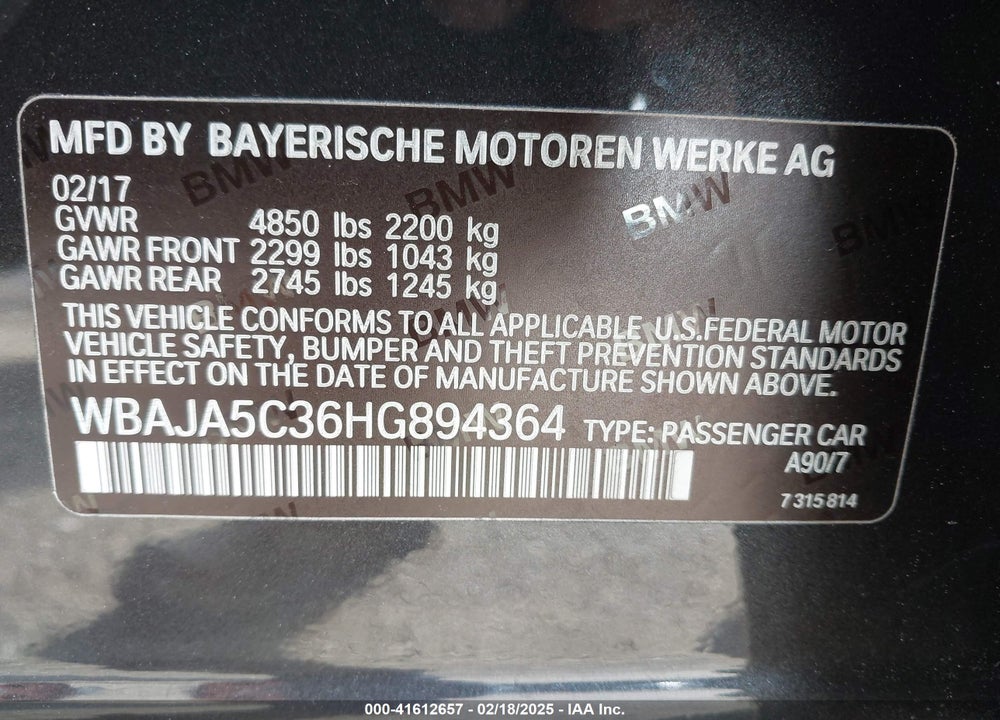 2017 BMW 530I VIN: WBAJA5C36HG894364