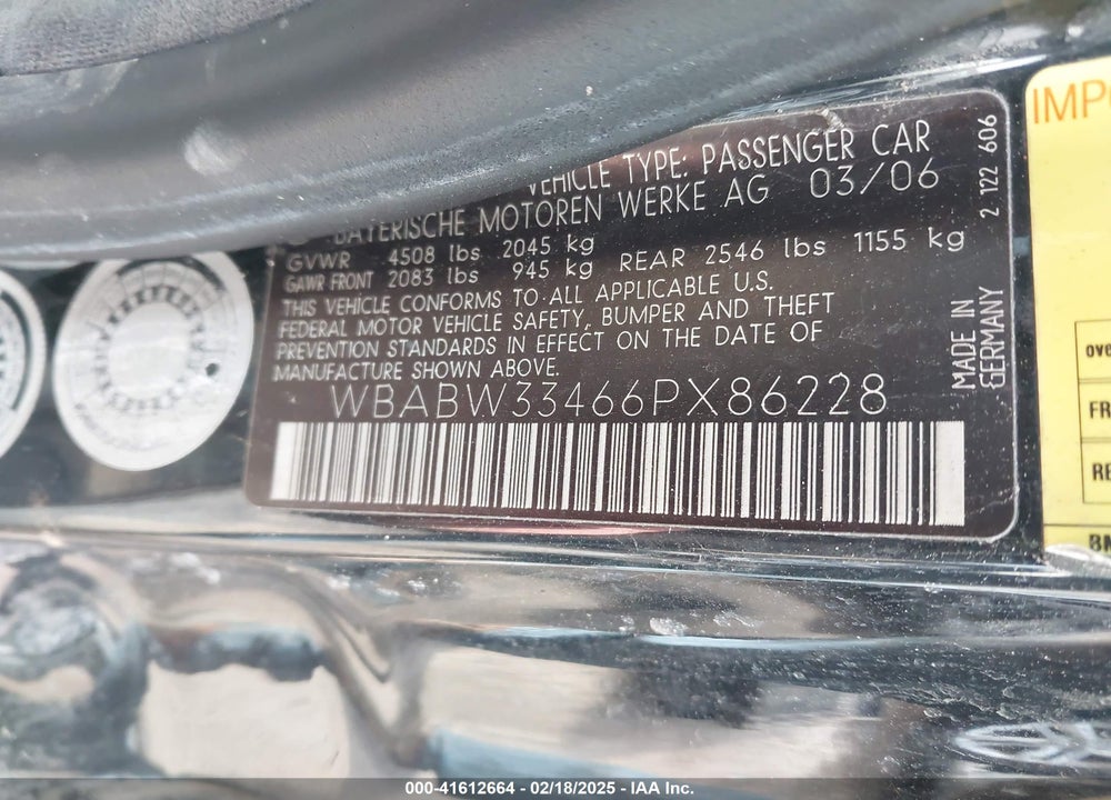 2006 BMW 325CI VIN: WBABW33466PX86228