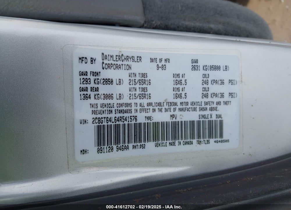 2004 CHRYSLER TOWN & COUNTRY LIMITED VIN: 2C8GT64L64R541576