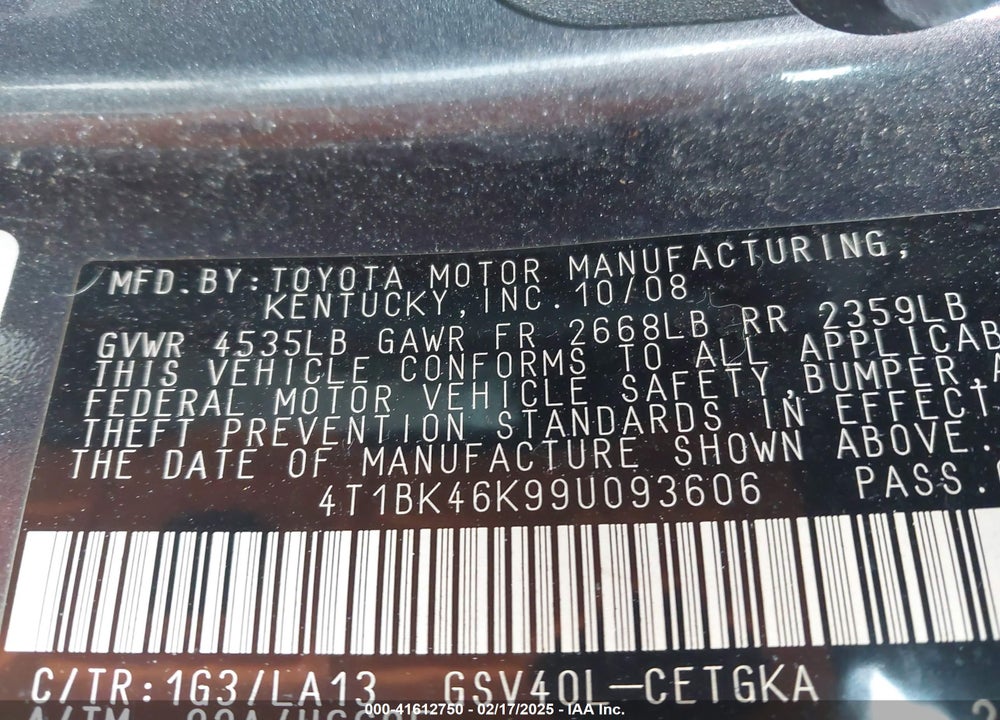 2009 TOYOTA CAMRY XLE V6 VIN: 4T1BK46K99U093606