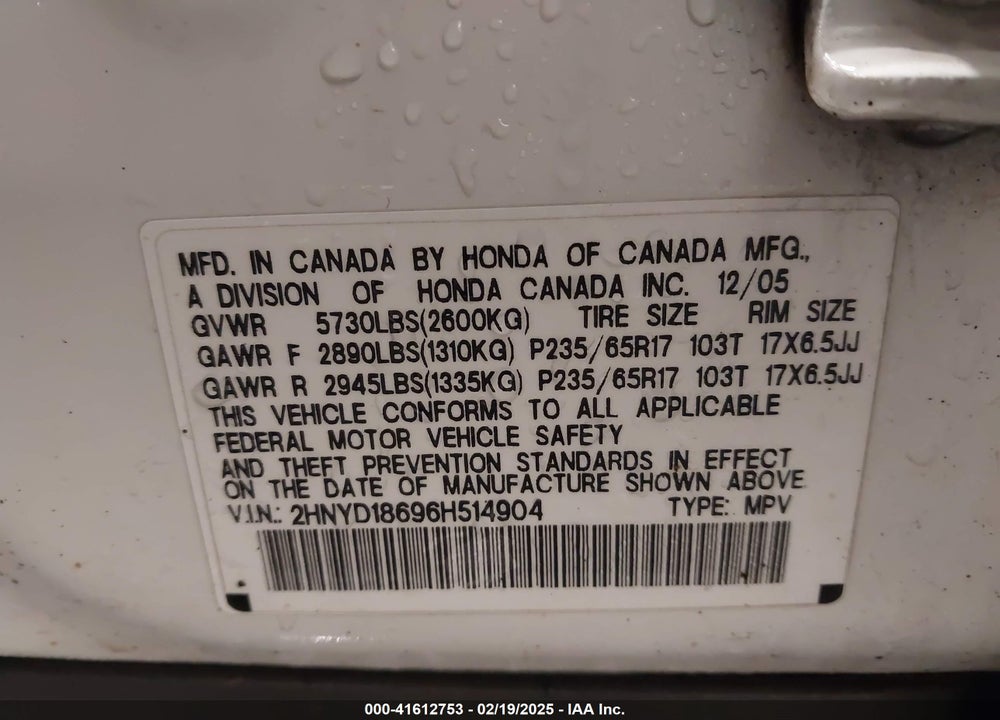 2006 ACURA MDX VIN: 2HNYD18696H514904