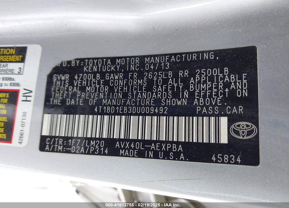 2013 TOYOTA AVALON VIN: 4T1BD1EB3DU009492