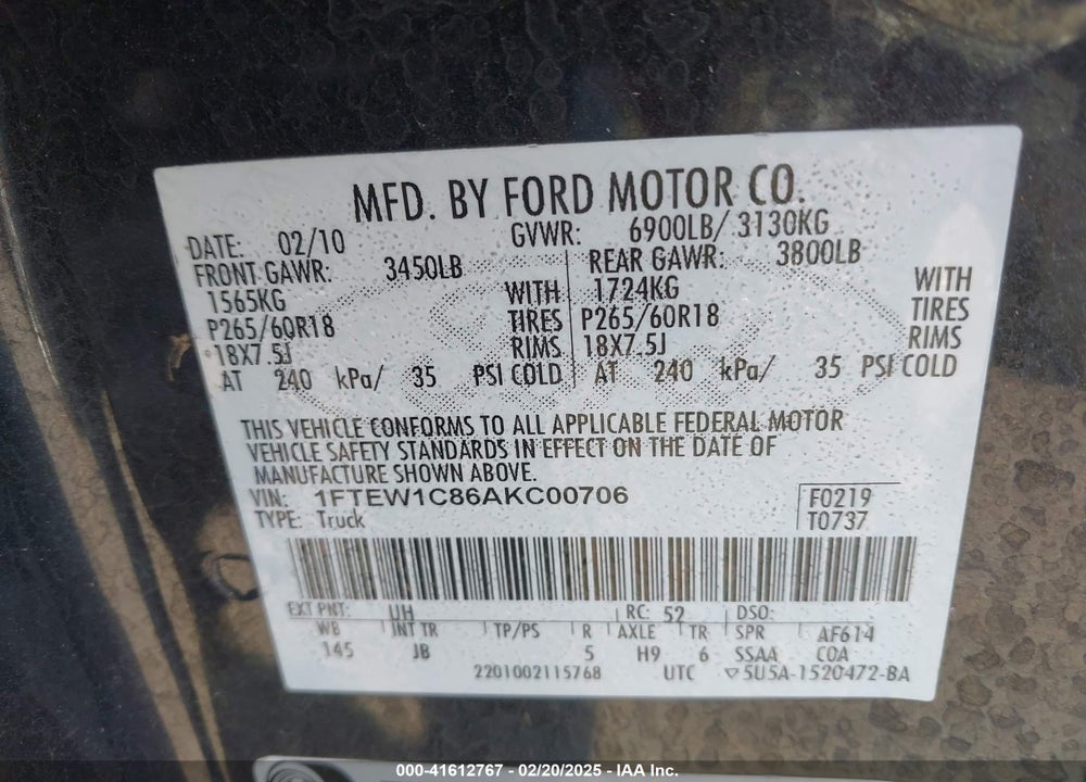 2010 FORD F-150 VIN: 1FTEW1C86AKC00706
