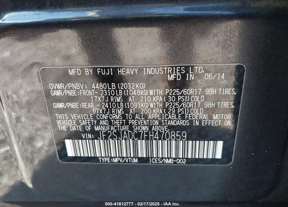 2015 SUBARU FORESTER 2.5I PREMIUM VIN: JF2SJADC7FH470859