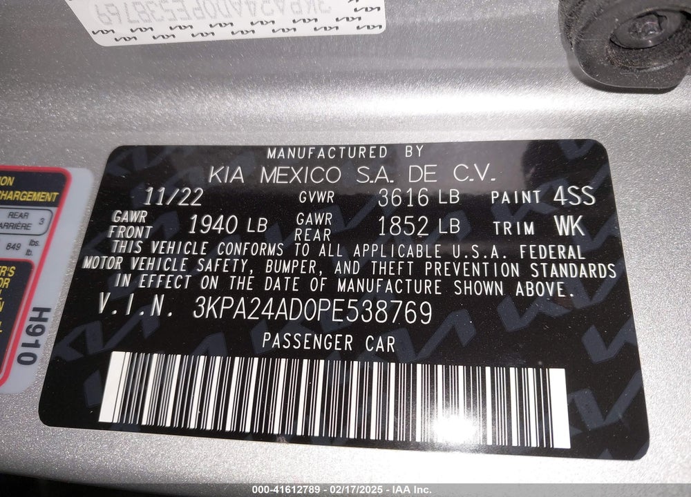 2023 KIA RIO VIN: 3KPA24AD0PE538769
