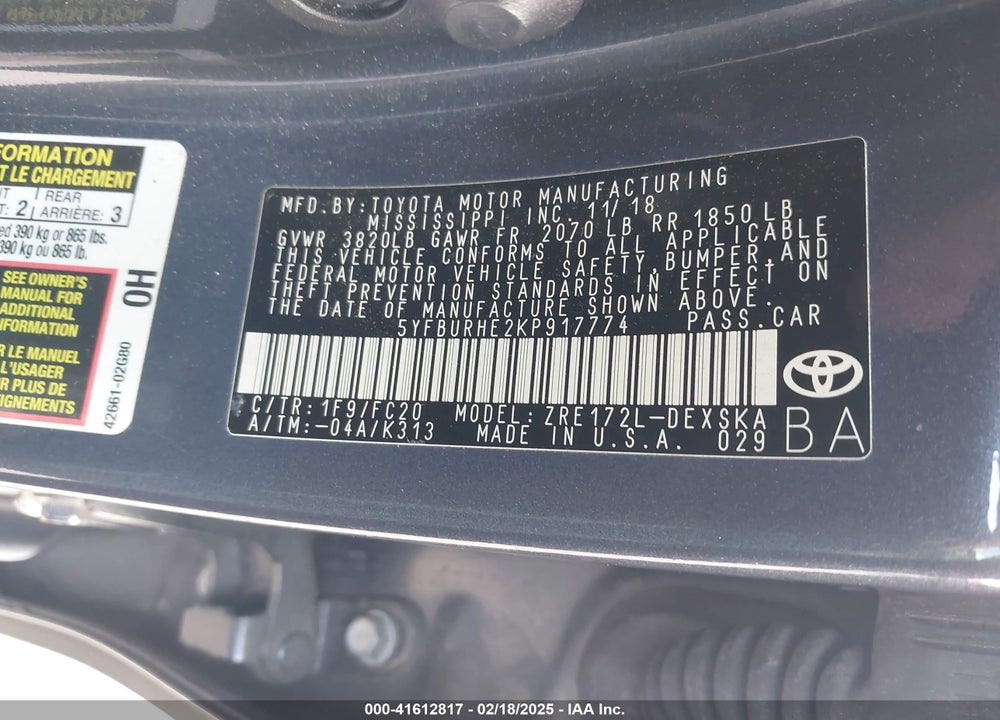 2019 TOYOTA COROLLA VIN: 5YFBURHE2KP917774