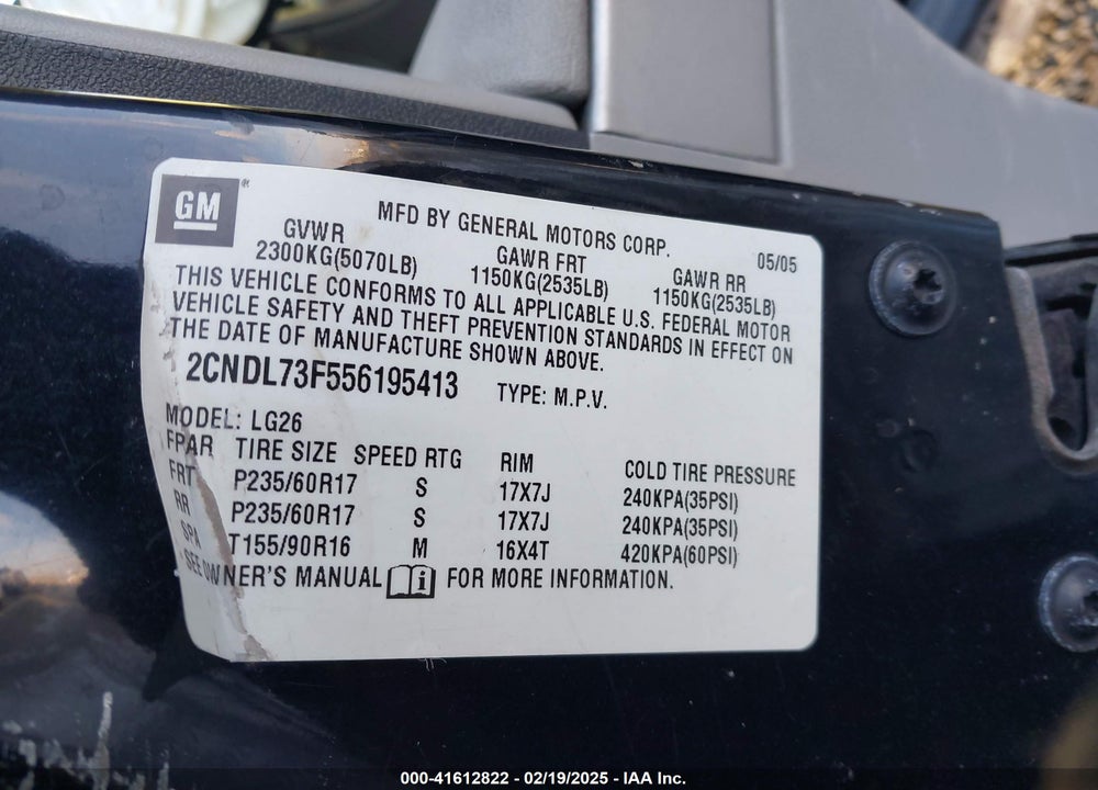 2005 CHEVROLET EQUINOX LT VIN: 2CNDL73F556195413