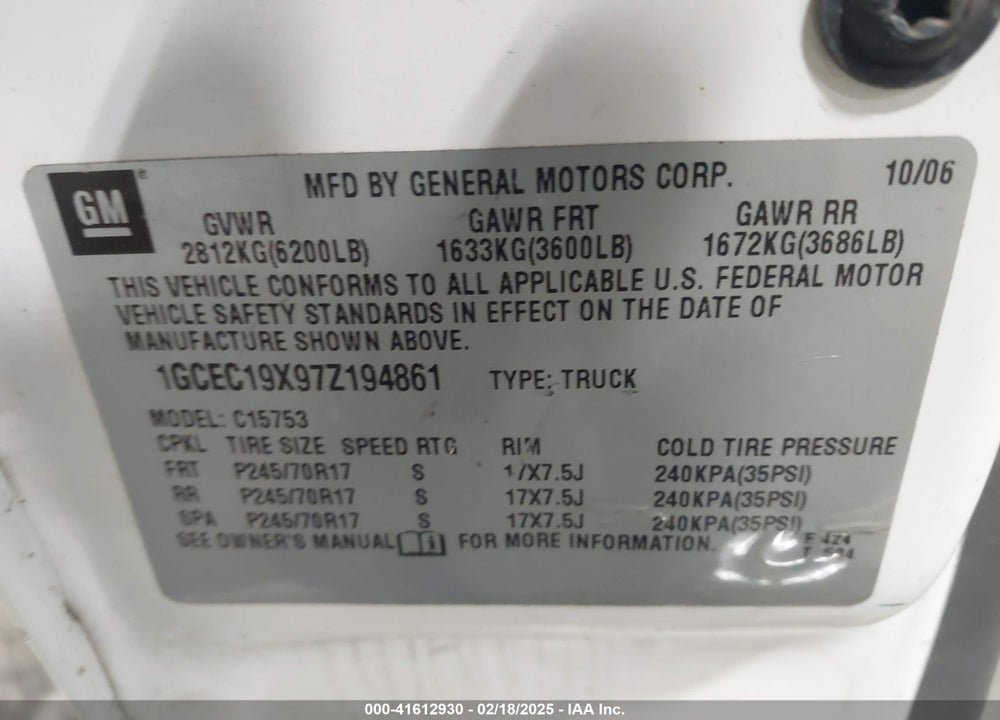 2007 CHEVROLET SILVERADO 1500 CLASSIC WORK TRUCK VIN: 1GCEC19X97Z194861