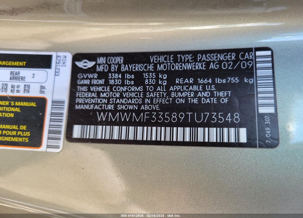 2009 MINI COOPER VIN: WMWMF33589TU73548