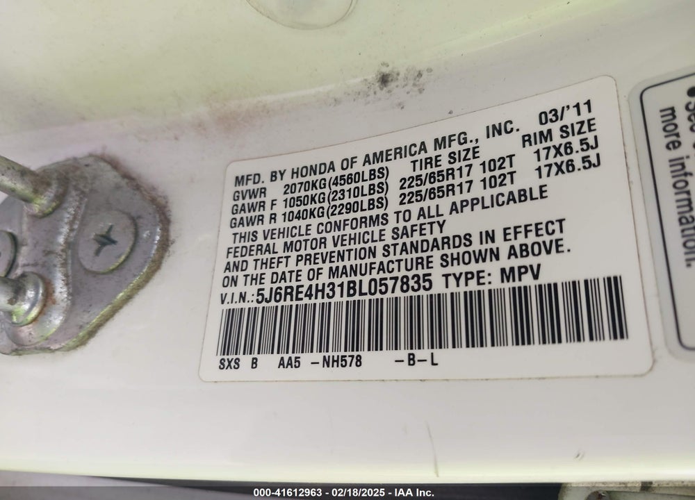 2011 HONDA CR-V LX VIN: 5J6RE4H31BL057835