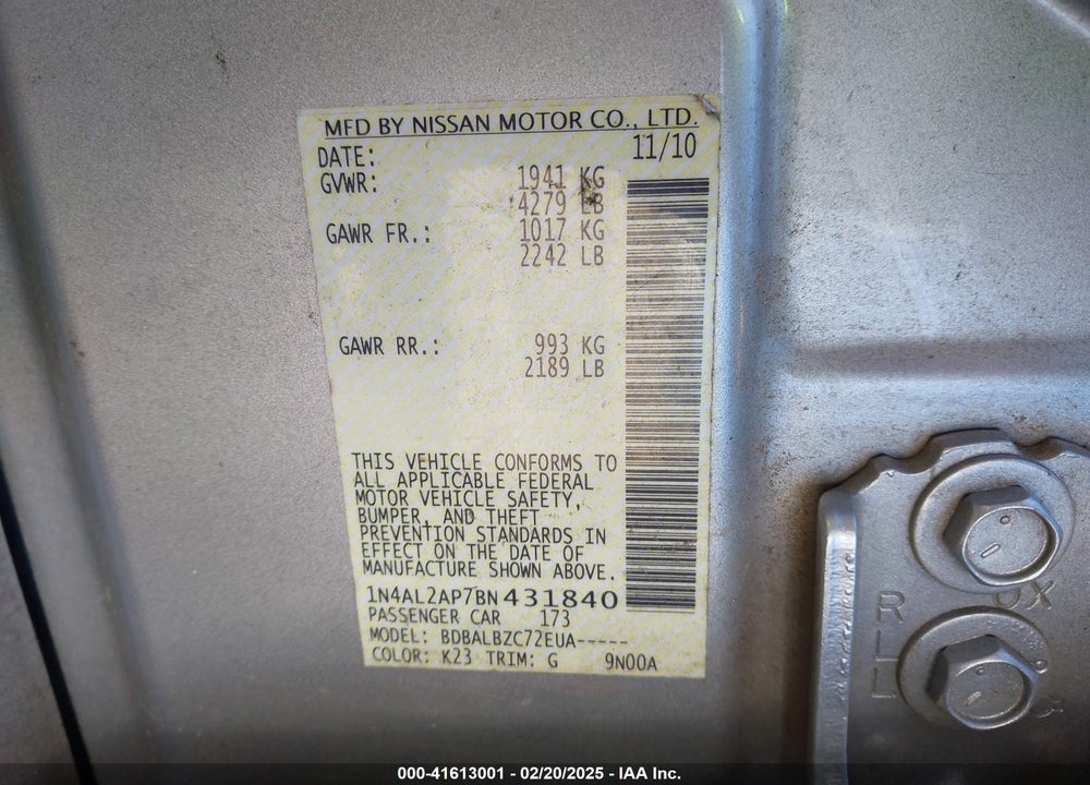 2011 NISSAN ALTIMA VIN: 1N4AL2AP7BN431840