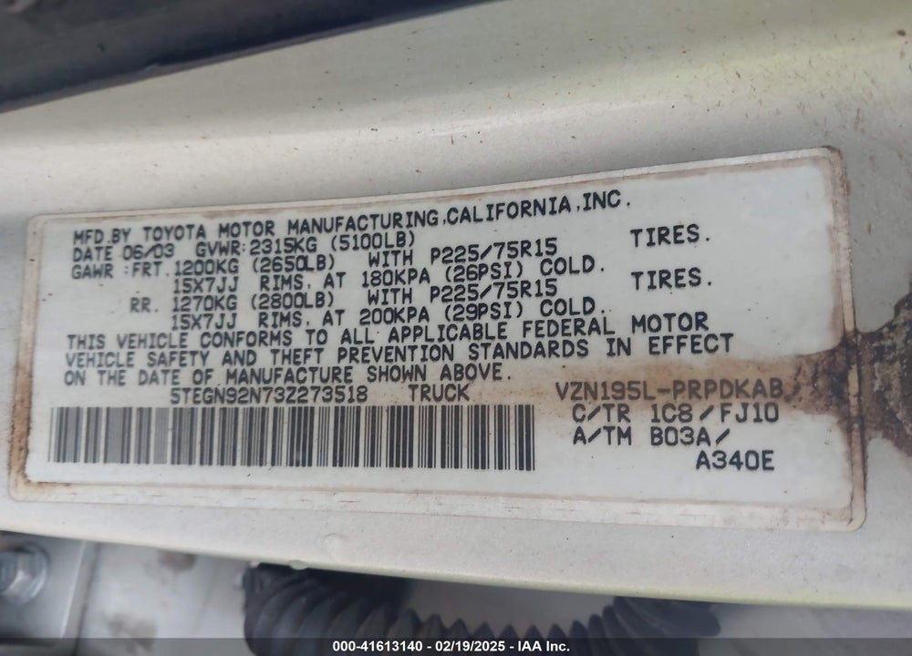 2003 TOYOTA TACOMA VIN: 5TEGN92N73Z273518