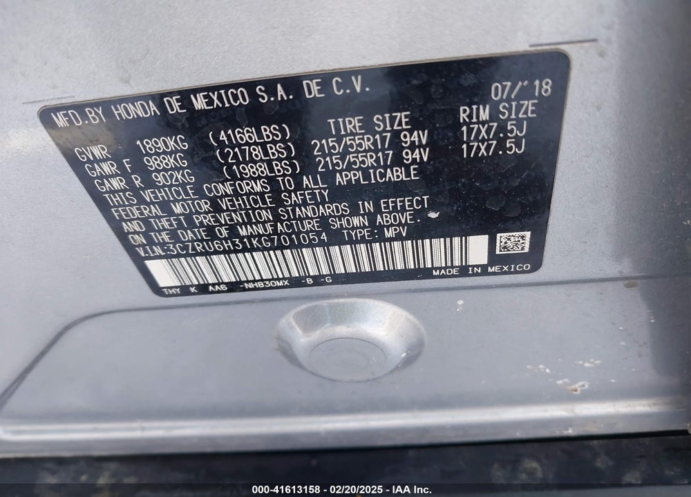 2019 HONDA HR-V VIN: 3CZRU6H31KG701054