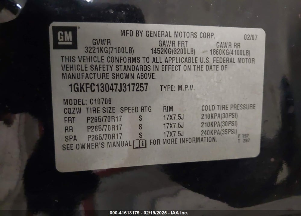 2007 GMC YUKON SLE VIN: 1GKFC13047J317257