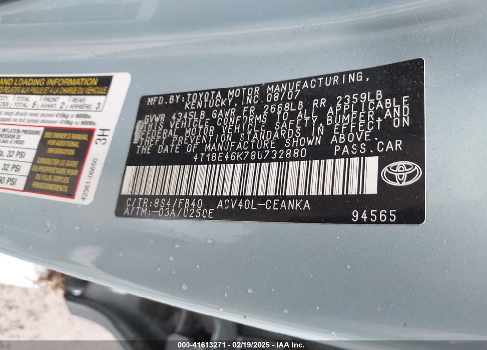 2008 TOYOTA CAMRY VIN: 4T1BE46K78U732880
