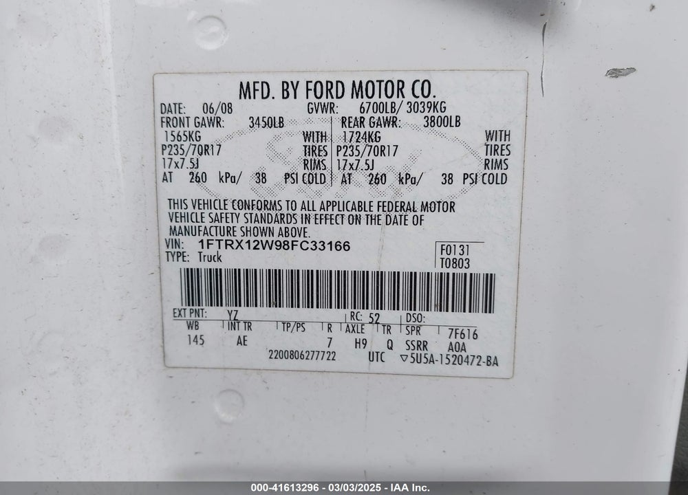 2008 FORD F-150 STX/XL/XLT VIN: 1FTRX12W98FC33166