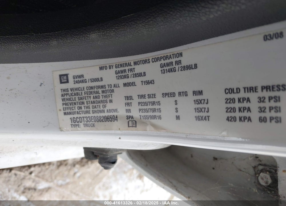 2008 CHEVROLET COLORADO LT VIN: 1GCDT33E088206594