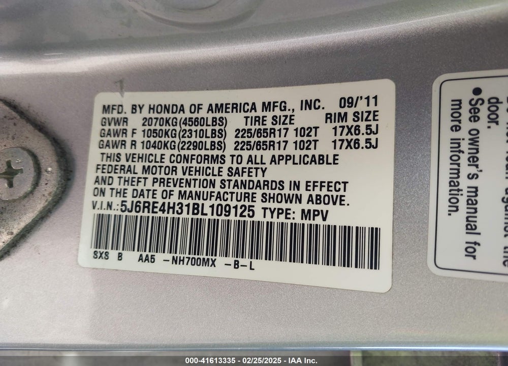 2011 HONDA CR-V LX VIN: 5J6RE4H31BL109125