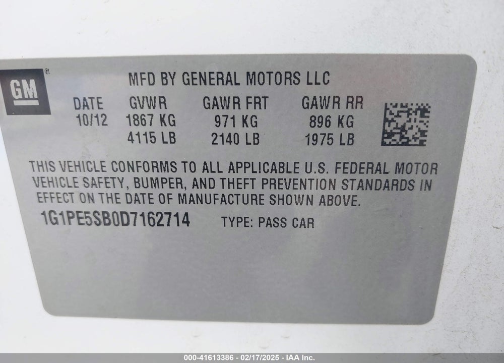 2013 CHEVROLET CRUZE VIN: 1G1PE5SB0D7162714