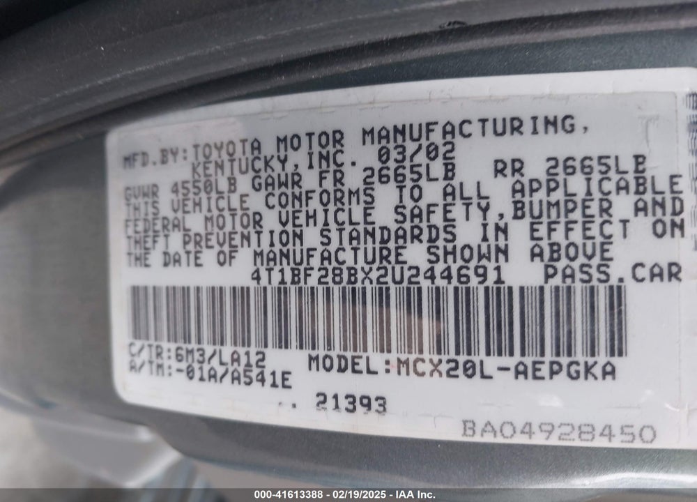 2002 TOYOTA AVALON XLS VIN: 4T1BF28BX2U244691