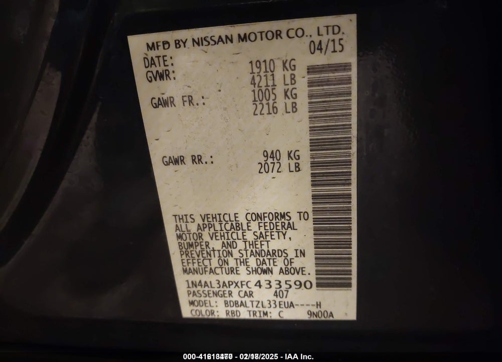 2015 NISSAN ALTIMA VIN: 1N4AL3APXFC433590