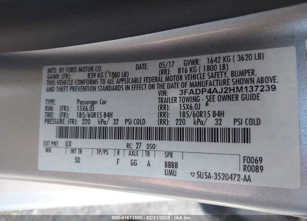 2017 FORD FIESTA VIN: 3FADP4AJ2HM137239